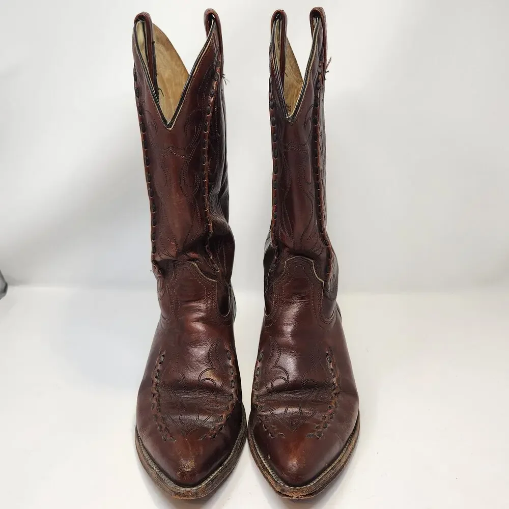 Acme Vintage Brown Leather Western Cowboy Boots Men Size 9 D Raised Stitching